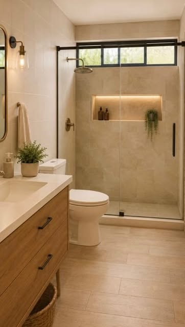 Baño publicado por Requena Construction, con ducha de vidrio e iluminación cálida